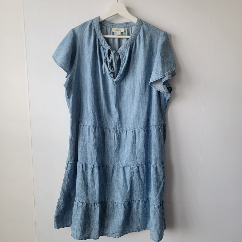 Style & Co women's Tiered Chambray Dress sz L V-neck tassel ties Flutter sleeve